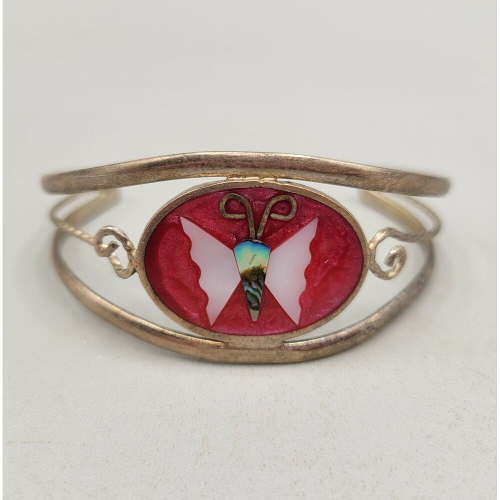 Alpaca Mexican Silver Butterfly Inlay Cuff Bracelet Abalone Mother of Pearl